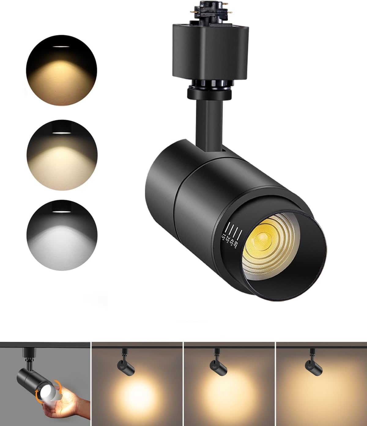 VANoopee 3-Color Zoomable 10W LED Track Lighting Heads H Type Track Light Heads Dimmable Bright Ceiling Spotlight Fixtures Accent Art, 3000K 4000K 5000K Adjustable, CRI90+ 15°-60° 1000lm Black 1 Pack
