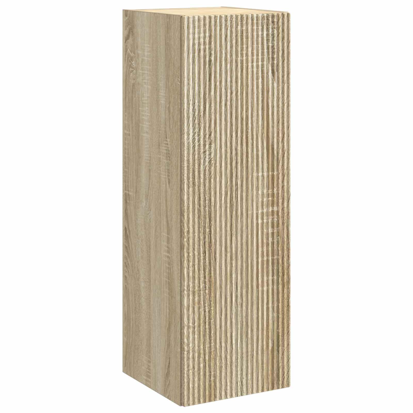 Juego de 5 muebles de baño de roble Sonoma de madera y cristal con espejo LED, montaje en pared para baño moderno, incluye espacio de almacenamiento, iluminación USB, espejo de doble cara