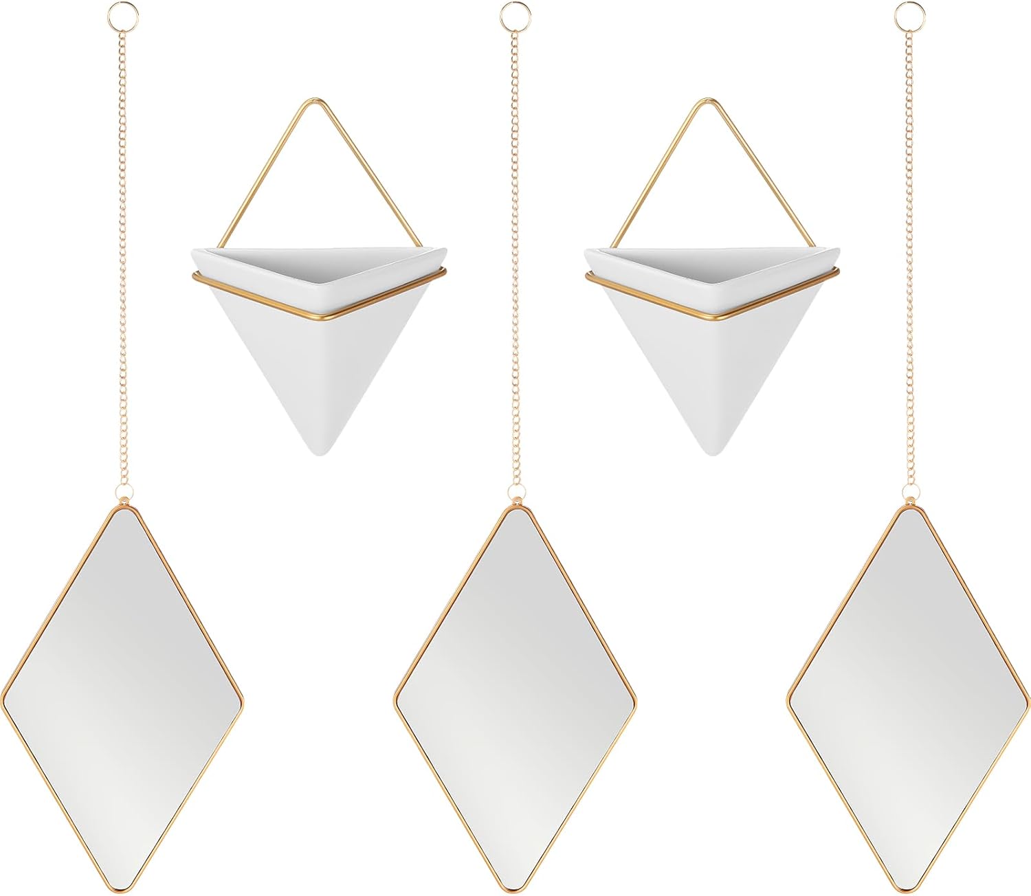 Demissle 5 Pcs Geometry Plant Wall Decor Includes Ceramic Wall Planter Hanging and Modern Diamond Decorative Mirror with Chain Gold Frame Wall Mounted Wall Art for Living Room Home Indoor Office