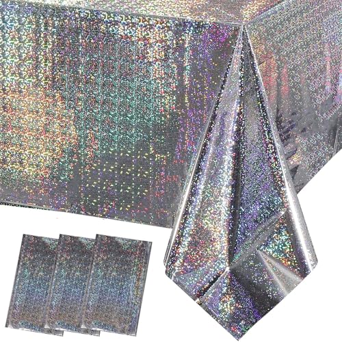 MOMAHUA 3P Argent Nappes Fête,Pailleté Nappes de Table Holographiques,137x274cm Rectangulaires Imperméable Nappe Iridescente Brillante pour...