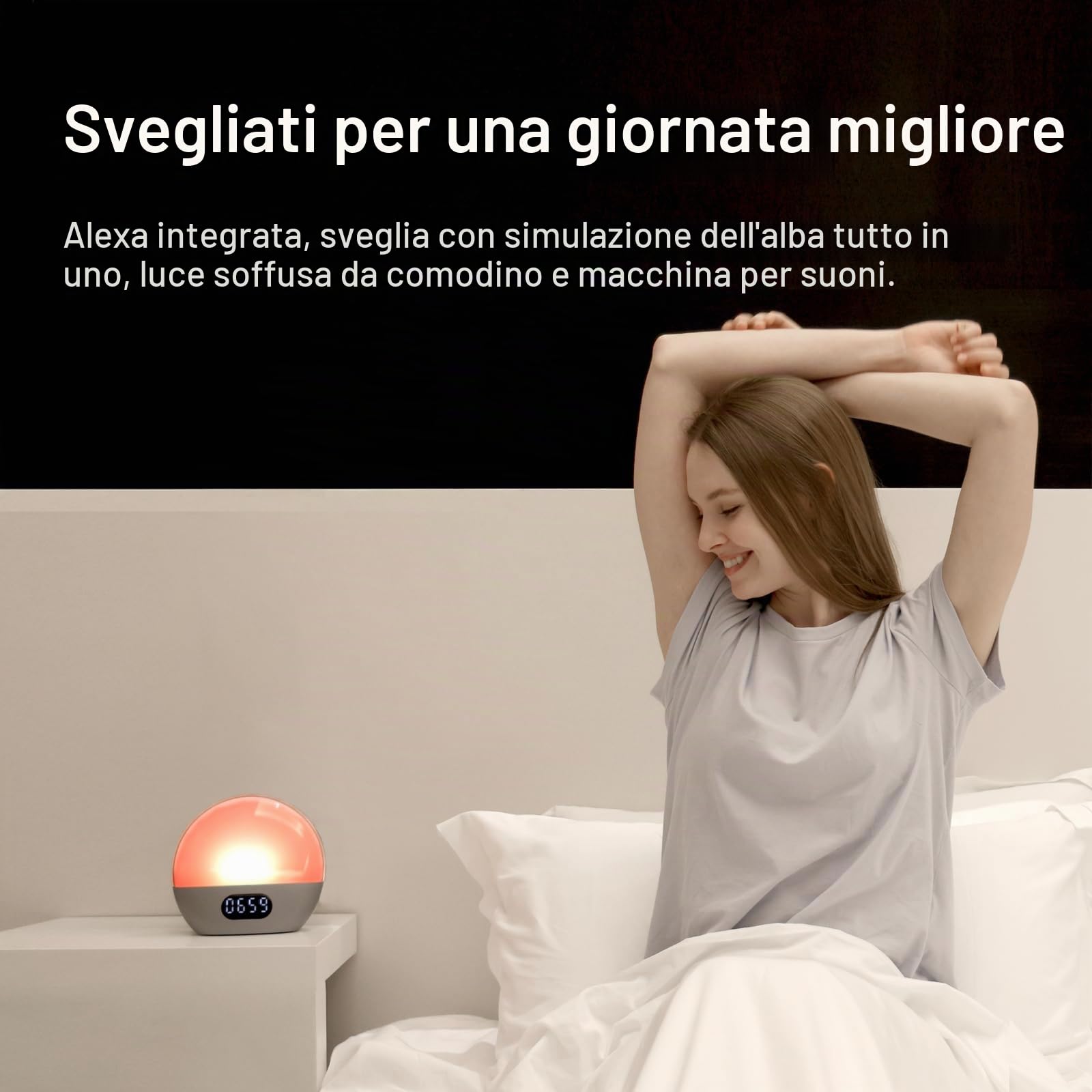 WiiM Wake-up Light, Alexa integrata, scelte sonore illimitate, sveglia all-in-one all'alba, macchina del suono, routine del sonno e altro ancora (Argento lucido)