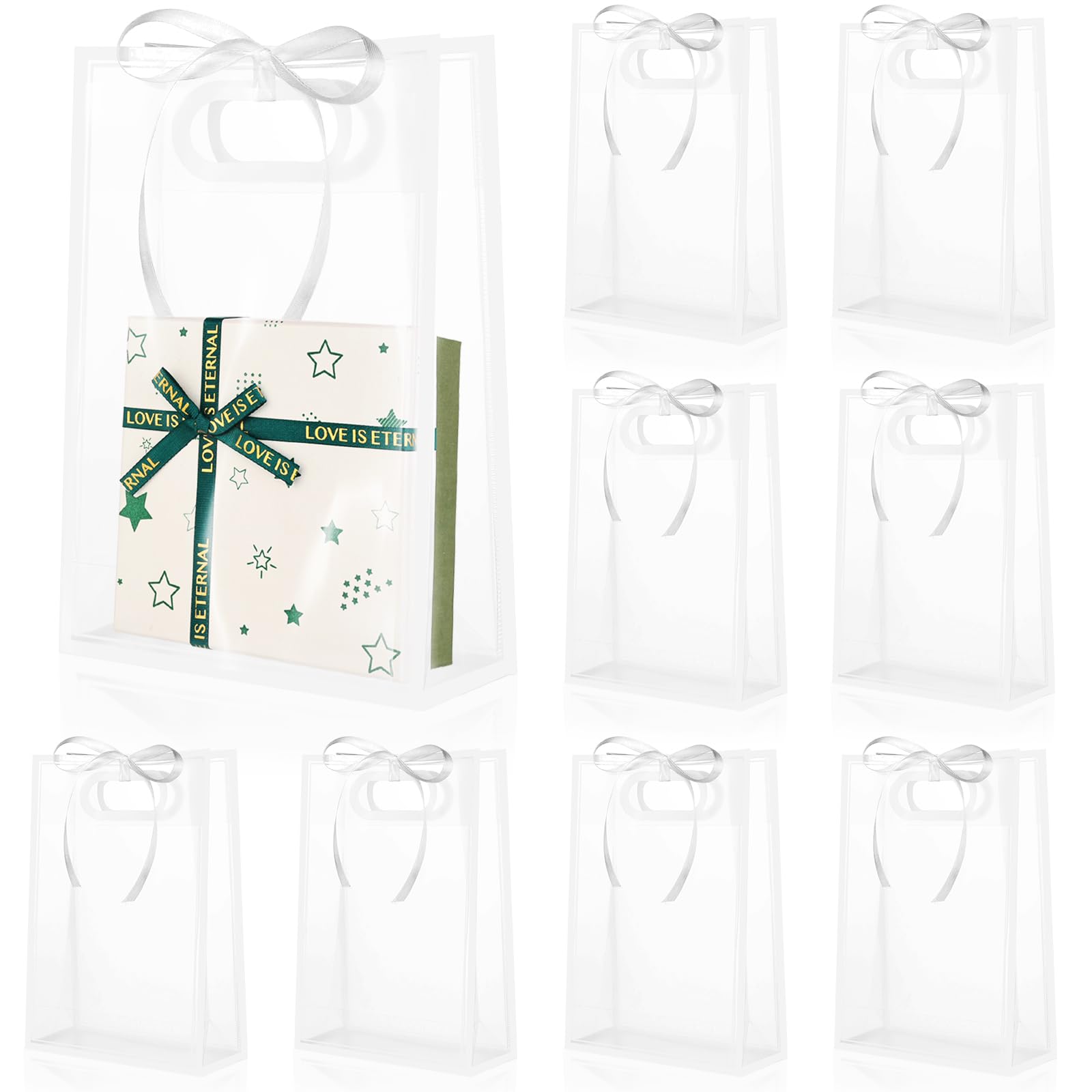 ALEXPRE 24 bolsas de regalo de plástico transparente con asas de 7 x 10 x 3.2 pulgadas, bolsas de regalo reutilizables de polipropileno con cinta, bolsas de regalo de plástico transparente para bodas,