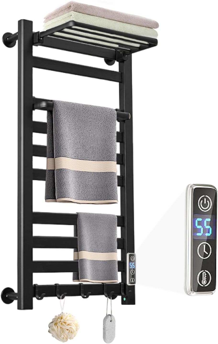 Heated Towel Rack for Bathroom Towel Warmer Racks Wall Mounted with Shelf,Timer & Temperature Multi-Level Adjustments with 10 Bars for Bathroom Shower Hot Tub(Black) Black 10 bars with shelf