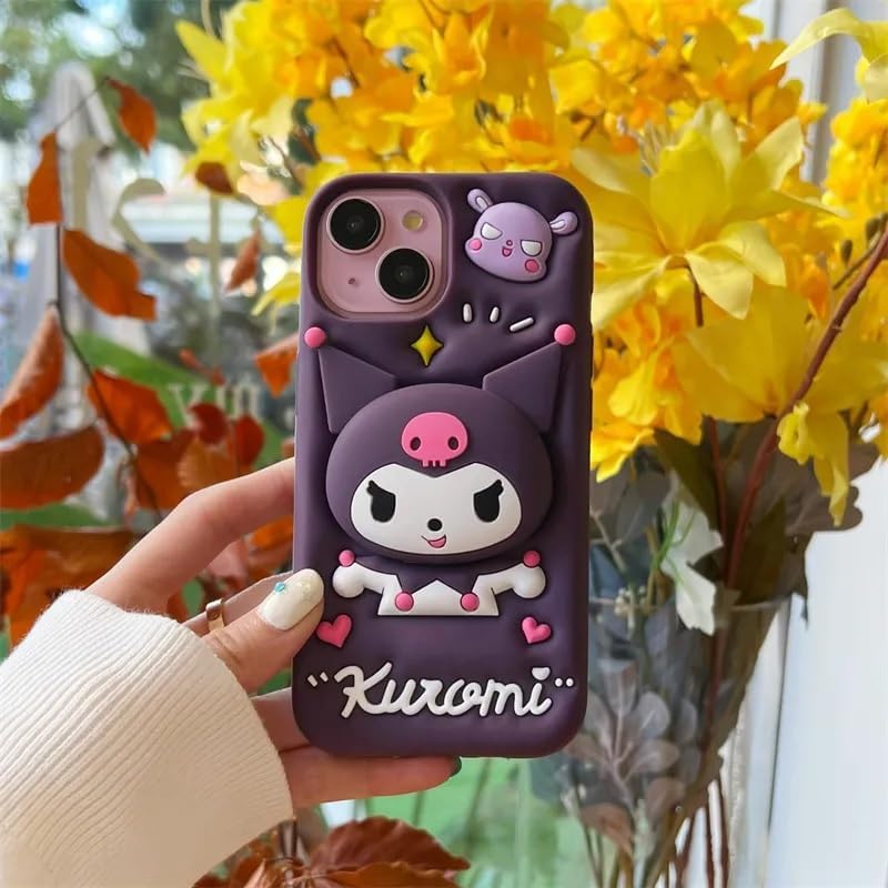 COVERLY for iPhone 14 3D Cartoon Kuromi Kitty Case,Full Protective Sanrio Sonix Hello Kitty Pop Push Back Case with Holder Cute Soft Silicone Slim Fashion Fun Aesthetic Cover for Apple iPhone 14