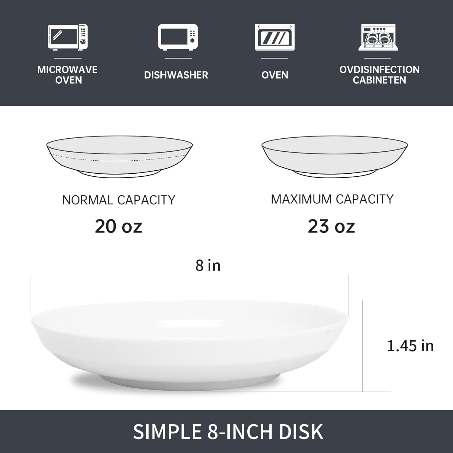 QUANSHANGJUSet of 6 Dinner Plates 8 Inch, White Porcelain Plates, Microwave Oven Dishwasher Safe Scratch Resistant