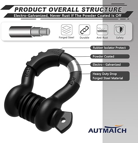 Vista 112 de AUTMATCH- 2 grilletes en D de 3/4 pulg, 41,887 Ib, resistencia a la rotura, tornillo de 7/8 pulg, pasador y grillete, aislante y arandelas, Negro