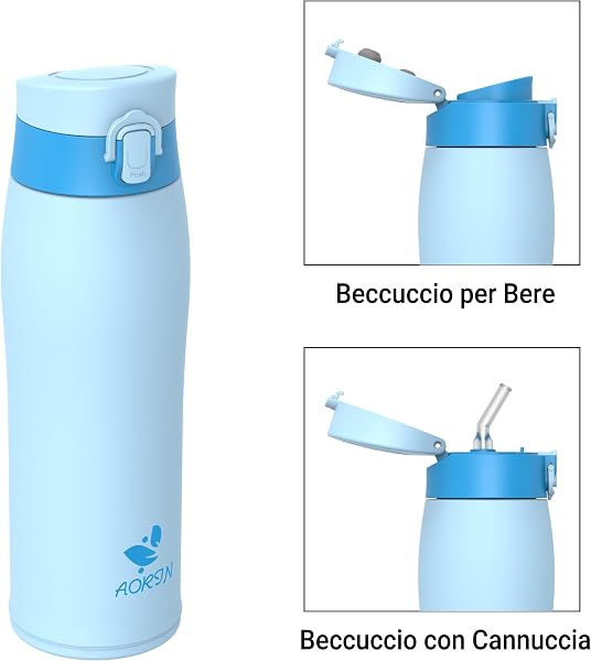 AORIN Insulated Water Bottle, 18/8 Stainless Steel Water Bottle, 750 ml Children's Water Bottle, BPA and Leak Free, Thermos Flask for Sports, Outdoor and Commuting with 2 Lids - 2