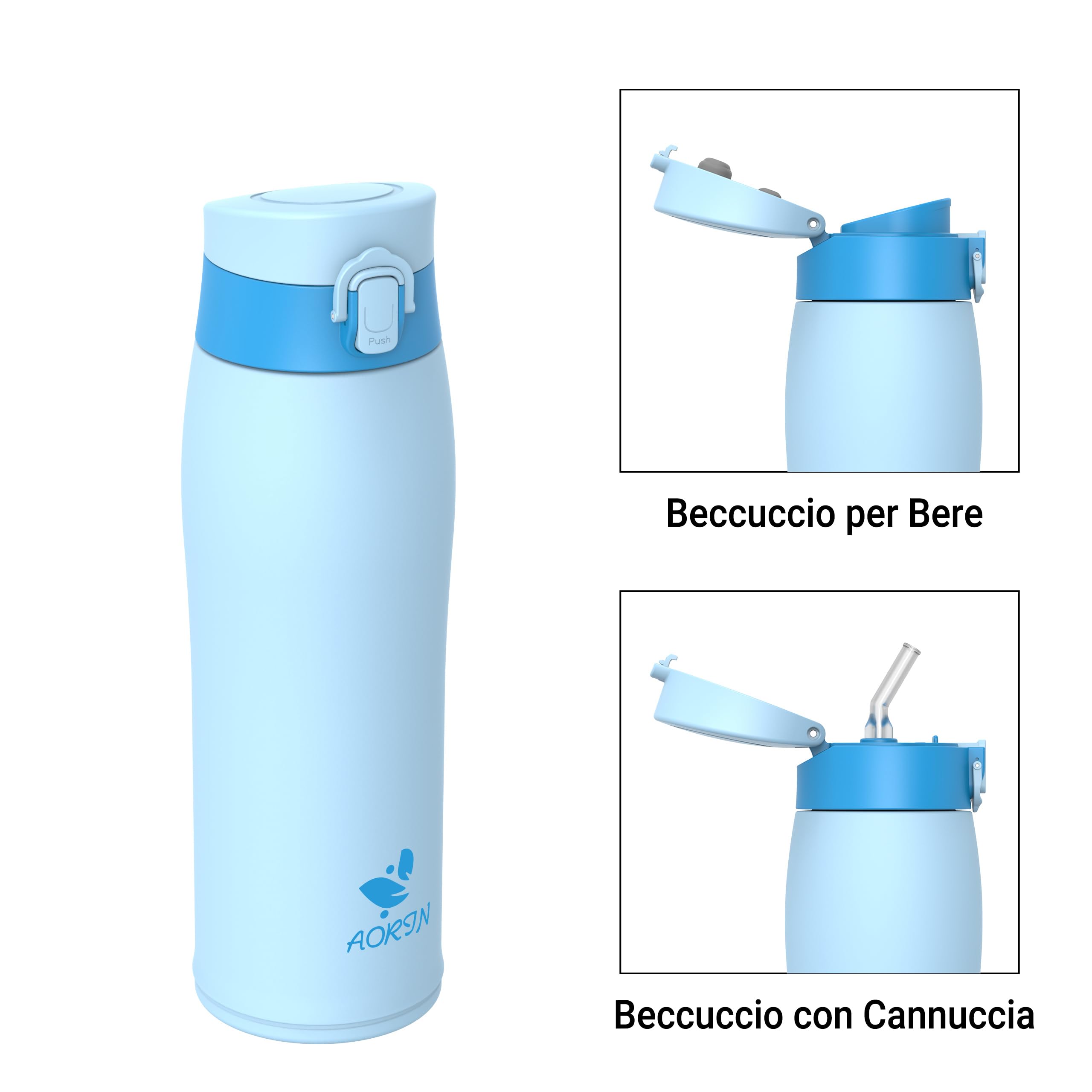 AORIN Insulated Water Bottle, 18/8 Stainless Steel Water Bottle, 750 ml Children's Water Bottle, BPA and Leak Free, Thermos Flask for Sports, Outdoor and Commuting with 2 Lids - 3