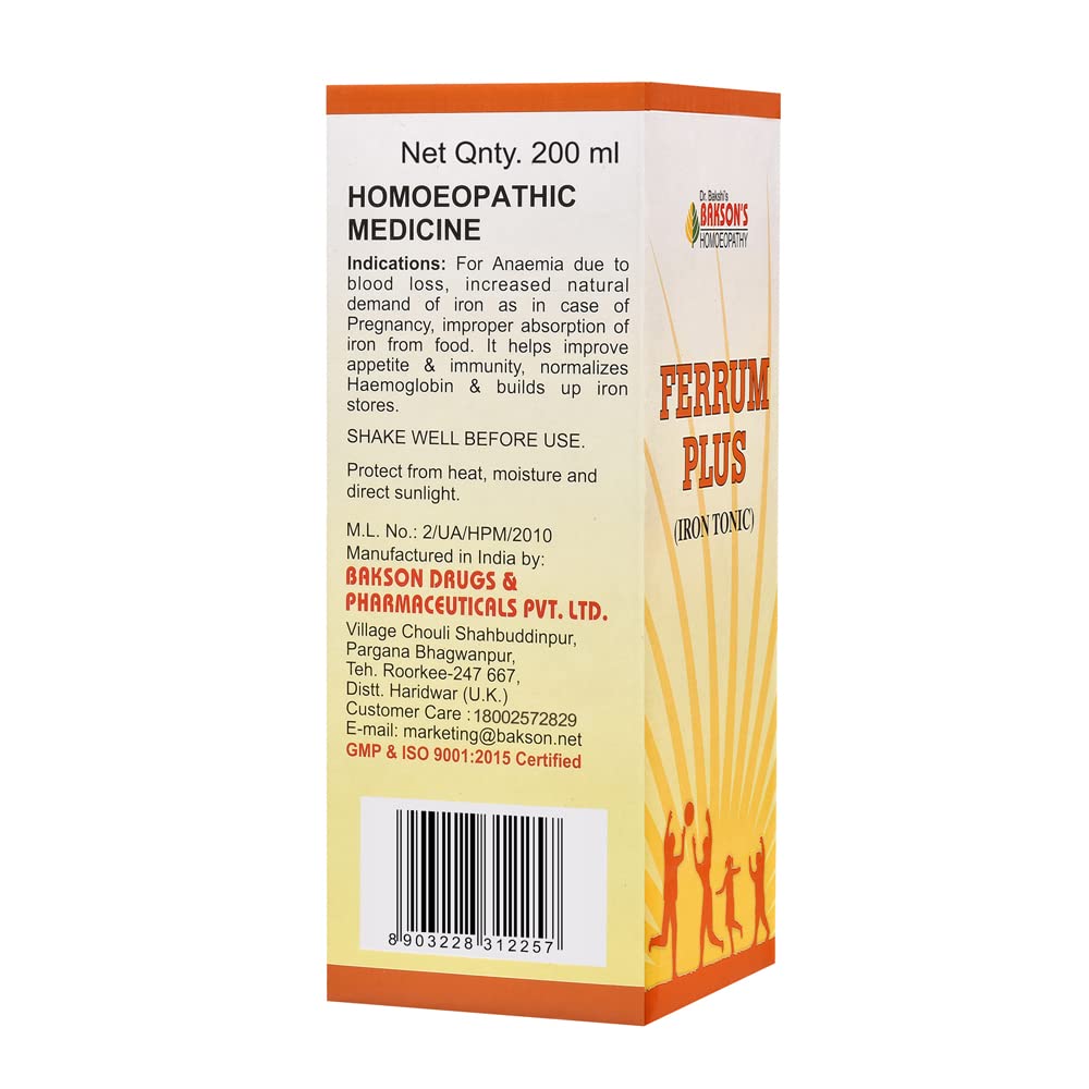 Dr. Bakshi's BAKSON'S HOMOEOPATHY Ferrum Plus Iron Supplement Syrup | Helps In Increasing Absorption Of Iron From Food | Assists In Improving Appetite & Immunity, 200 ml — Amazon image 2