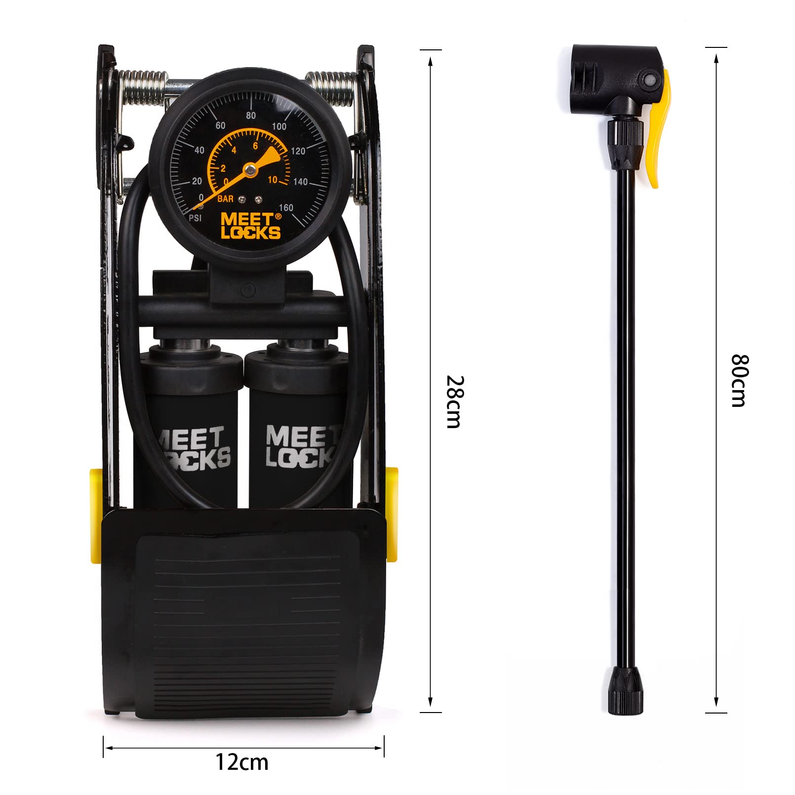 MEETLOCKS Double Cylinder Barrel Bike Foot Pump,160PSI Aluminum Body Floor Air Pump with Precisional Accurate Pressure Gauge Smart Valve Head for Presta Schrader & Deutschland Valve Bicycle Tire Pumps