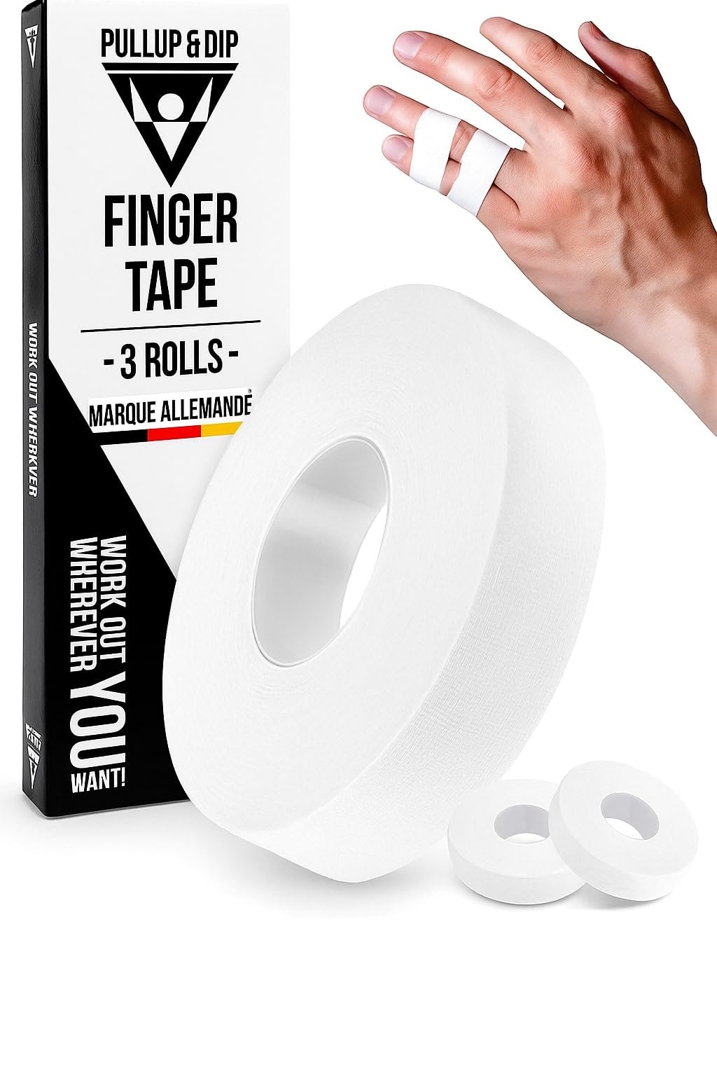 PULLUP & DIP Finger Tape with Extra Strong Adhesive, 3 Rolls (Total 98 ft.) Climbing Tape, Skin-Friendly Sports Tape, Hand Tape for Weight Training, Bouldering, Basketball, Handball (White)