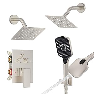 Iriber Shower Faucet Set Brushed Nickel,Push Button Diverter Bathtub Shower System with 2 in 1 Handheld, 6 Inch Dual Shower Head for 2 people Combo Trim Kit Wall Mount (Valve cartridge Included)