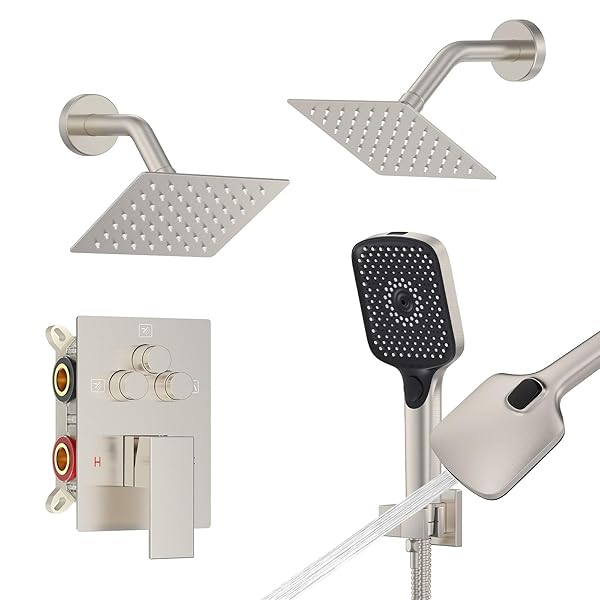 Iriber Shower Faucet Set Brushed Nickel,Push Button Diverter Bathtub Shower System with 2 in 1 Handheld, 6 Inch Dual Shower Head for 2 people Combo Trim Kit Wall Mount (Valve cartridge Included)