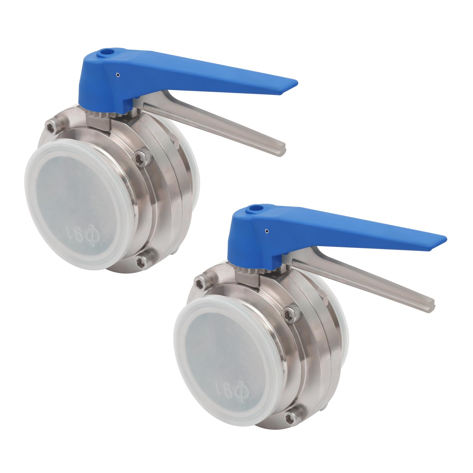 JAYGOVAN 1.5 Inch Butterfly Valve 2 Pcs Tri Clamp Sanitary Stainless Steel with Blue Trigger Handle Butterfly Valve Max Pressure 1.6MPA, Approximately 8 Locking Positions for Chemical Industry (3'')