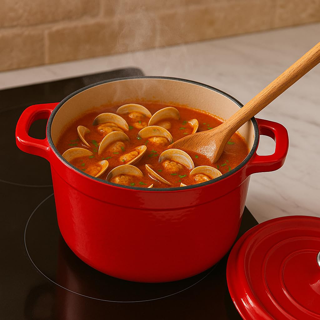XSQUO OGT-2R22R, Useful Tech Pentola in ferro pressofuso rotonda con rivestimento ceramico vetrificato Cocotte con coperchio, Gourmet Tools (Rosso, 22 cm)