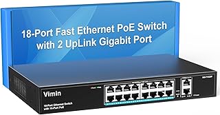 VIMIN 18 Port Fast Ethernet PoE+ Switch with 2 Gigabit Uplink Ports, 16 Port 10/100Mbps PoE Network Switch Unmanaged Support IEEE802.3af/at, Extend 250m, Vlan, 250W PoE Budget, Metal Case, Rackmount