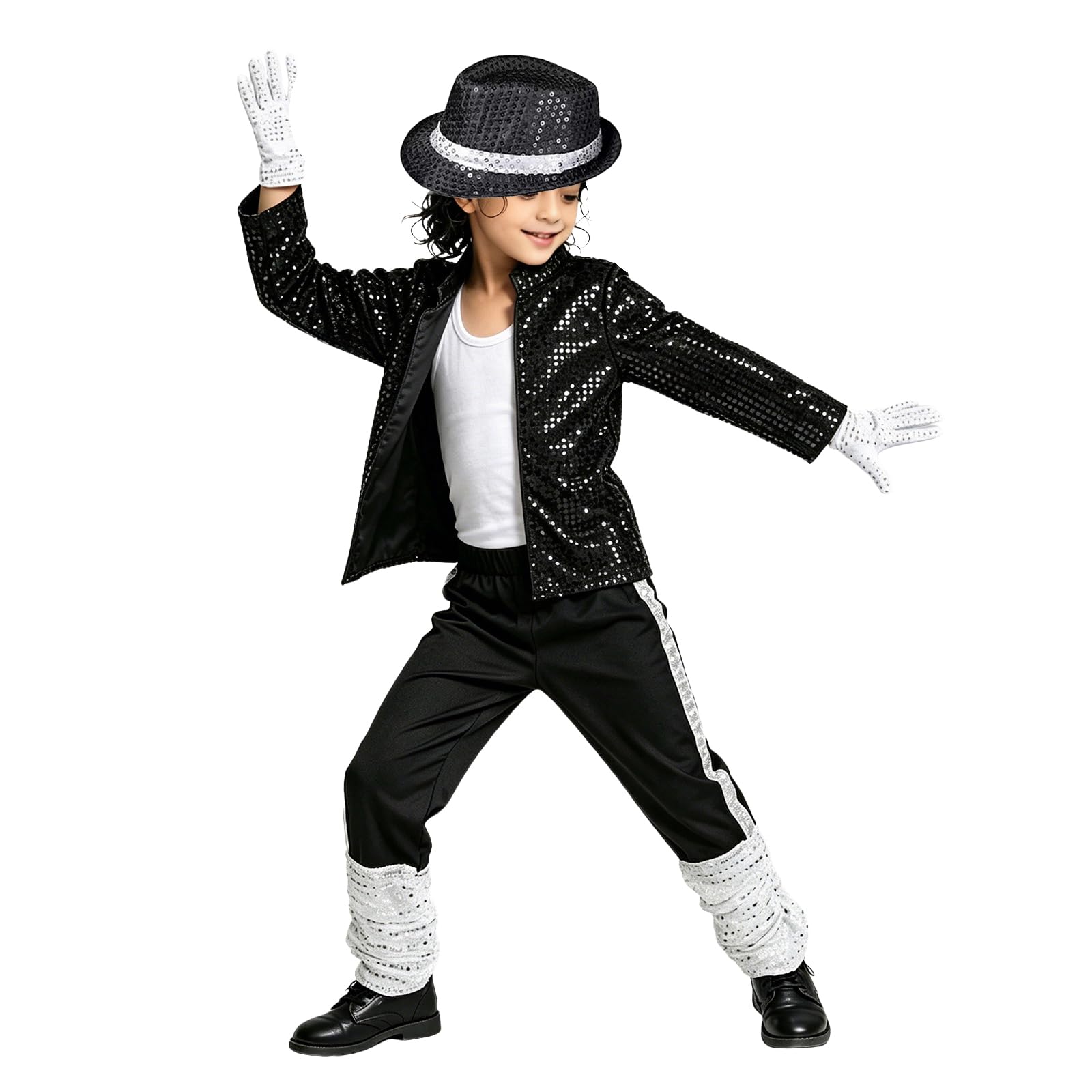 Figdews Pop Star Fancy Dress Kids, Boys 80s Fancy Dress, 80s Disco Outfit, Pop Star Costume Retro Black Sequin Jacket Trousers Hat Glove, Stage Outfit Halloween Dance Performance Age (14-16 Years)