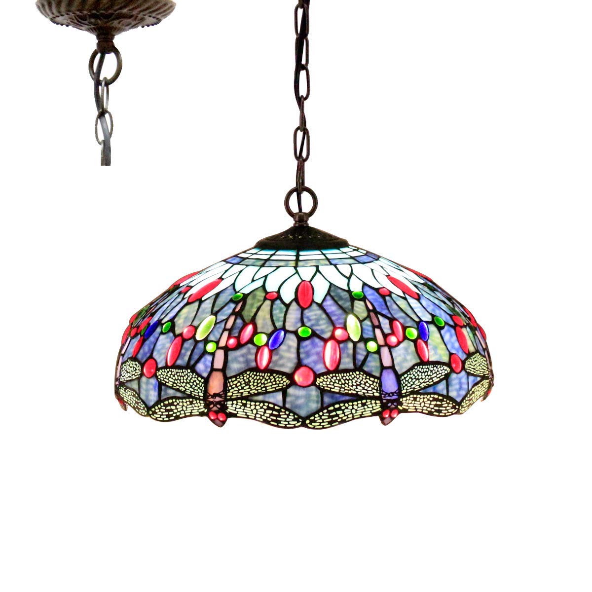 HJRegaFimu Hanging Lamp 16 Inch Pull Chain Stained Glass Red Rose Lampshade Anqitue Chandelier Ceiling Pendant 2 Light Fixture Decorate Dinner Room Living Bed(s00416p01-a)
