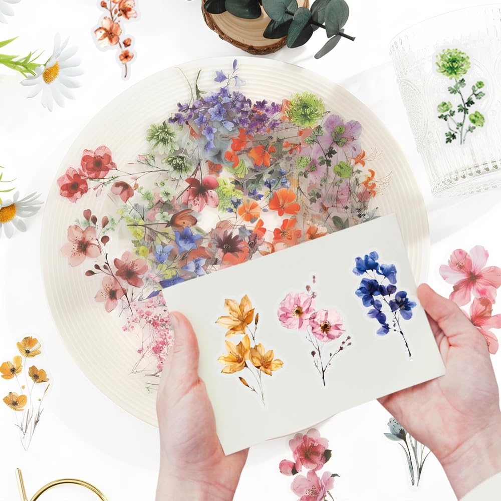 HMCEY 100 Piezas Pegatinas Flores Transparentes,Stickers Scrapbooking Flores,Journaling Stickers Aesthetic Bullet Journal,Pegatinas Decorativas Album Fotos para Planificador, Calendario, Cuadernos — view 4