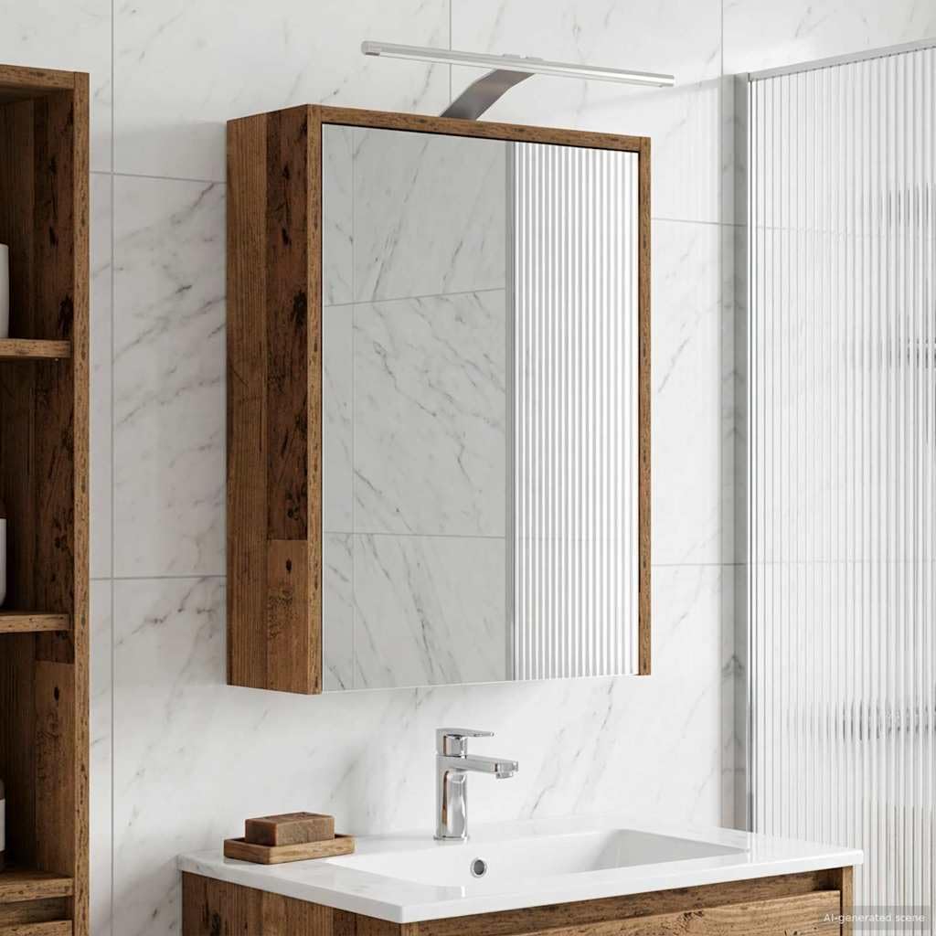 Mangloder Armadietto da bagno a specchio in legno anticato con strisce LED, 43 x 16 x 62,5 cm, montaggio a parete, specchio bidirezionale, 1 anta, 2 ripiani, portaoggetti per lavandino, bagno
