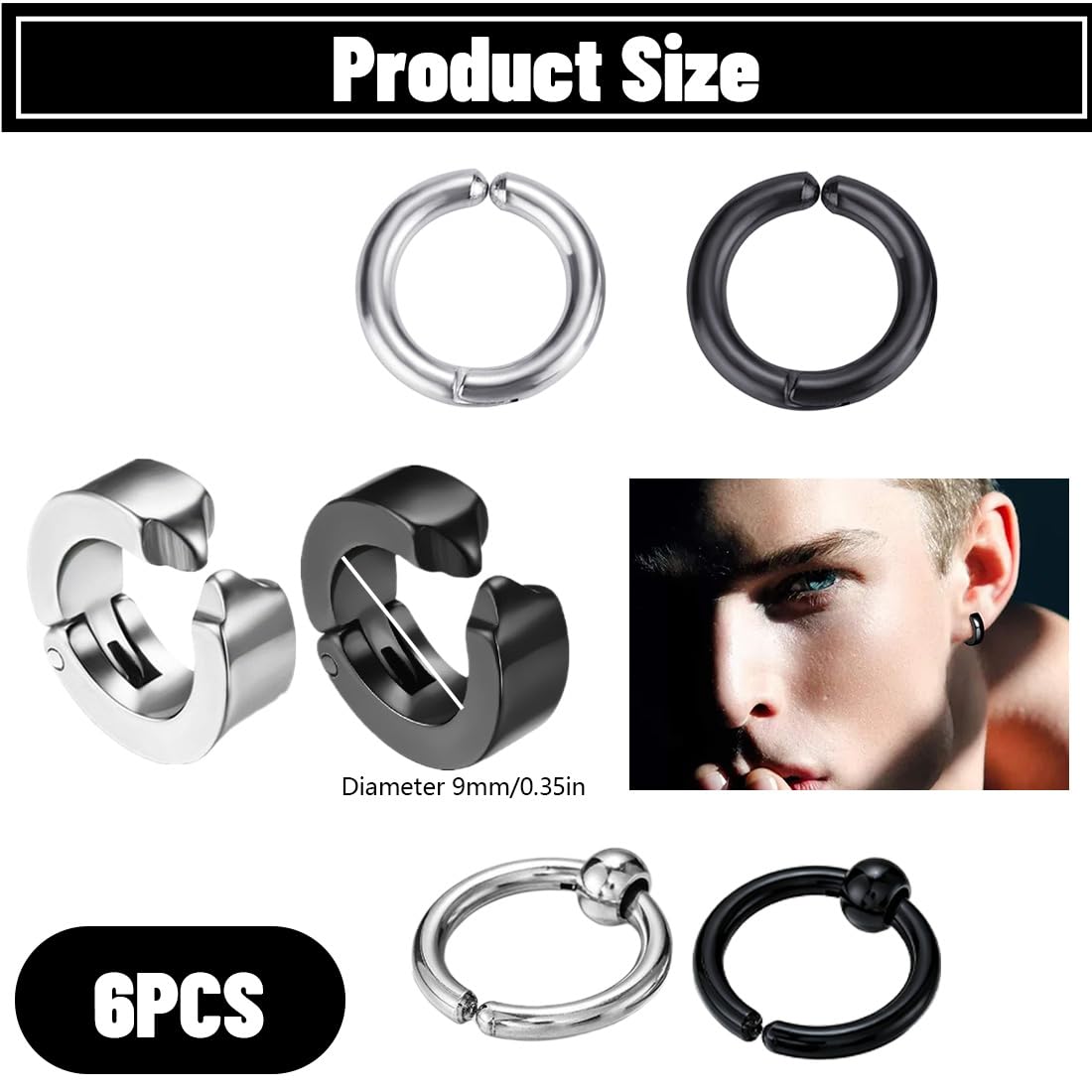 3 Paia Orecchini uomo, Orecchini da Uomo Donna in Acciaio Inossidabile,Clip Senza Buco Inossidabile cerchi orecchini non piercing clip in acciaio, Senza Buco