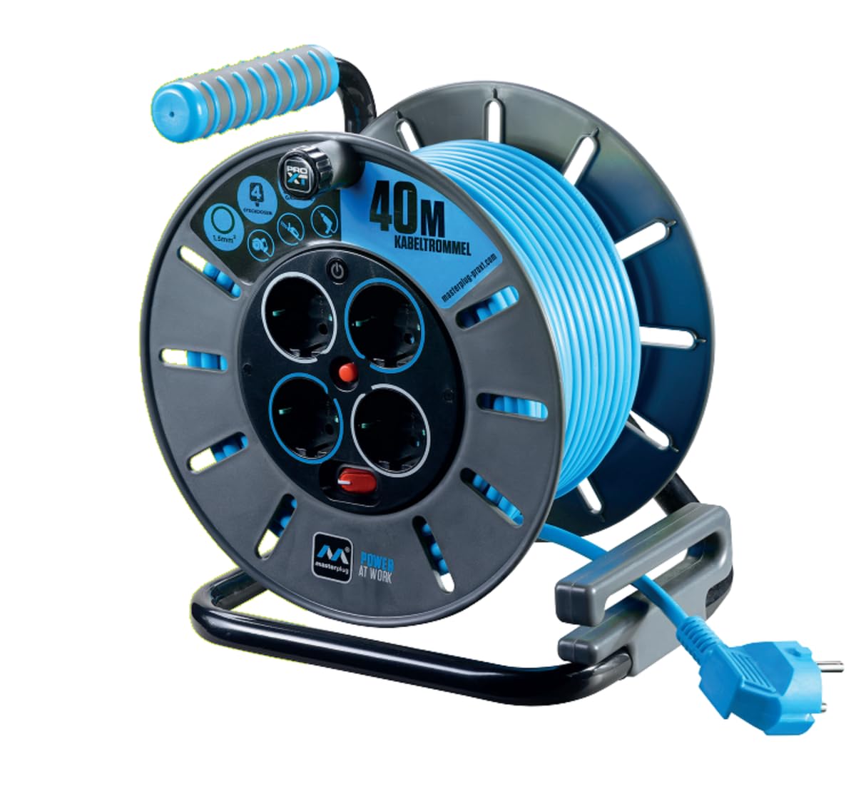 MASTERPLUG Masterplug ProXT Kabeltrommel 4-fach 40m | Leicht und stabil | gut sichtbares Kabel | mit LED Betriebsanzeige und Thermoschutz (blau)
