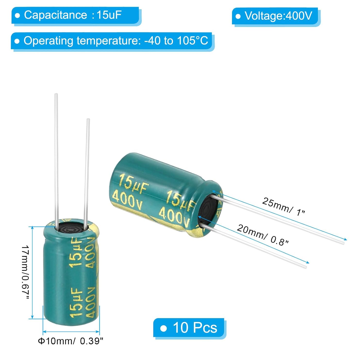 PATIKIL 400V 15uF Electrolytic Capacitors, 10Pcs 10x17mm Aluminum High Frequency Electrolytic Capacitors for TV, LCD Monitor, Refrigerator, Circuit Boards, Green 3 61iLaFg8+DL. SL1500