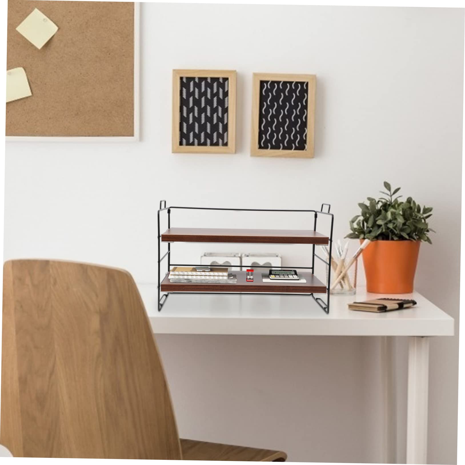 Veemoon Kleiner Bücherregal aus Eisen und Holz Doppelte Ebenen Einfach zu Montieren Hält den Schreibtisch Ordentlich für Büro und Zuhause Gewürzregal Stehend Holz