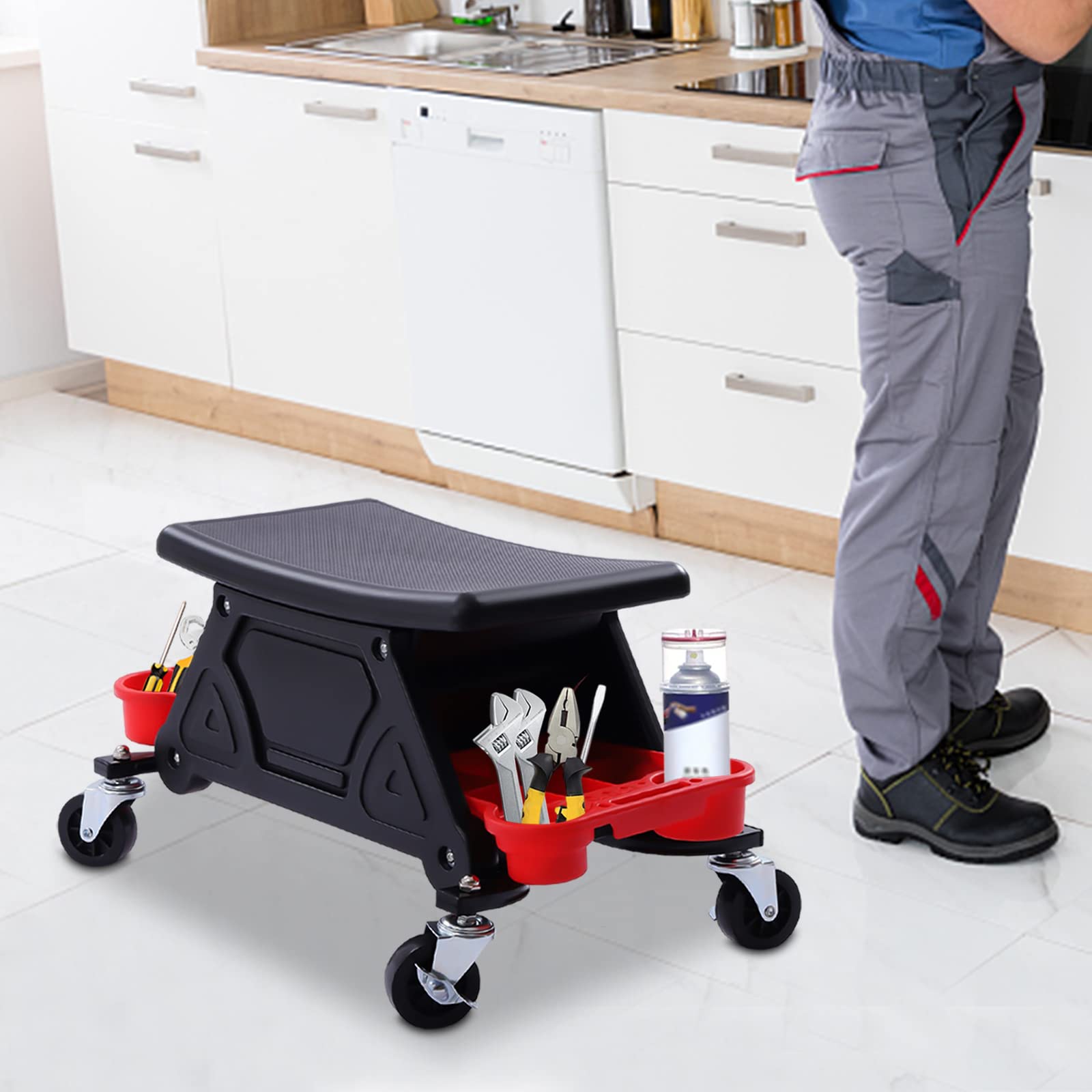 Dettagli seduta, sgabello meccanico con ruote, Mobile Rolling Creeper sedile o sedia, organizer per attrezzi per la pulizia della cera per la casa auto lavaggio