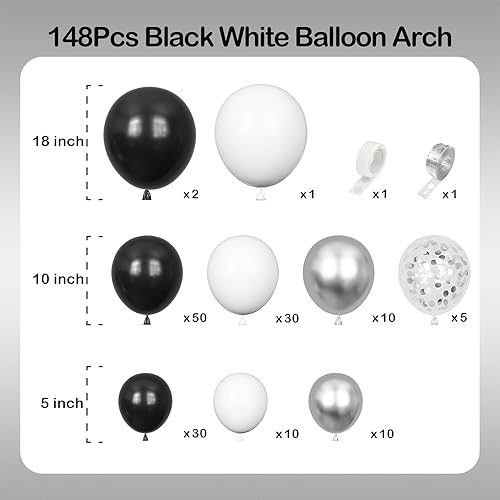 Miniatura 2 de Black White Balloons Garland Arch Kit-148Pcs Confetti Silver Black White Balloons Party Decorations for Baby Shower Birthday New Years Engagement