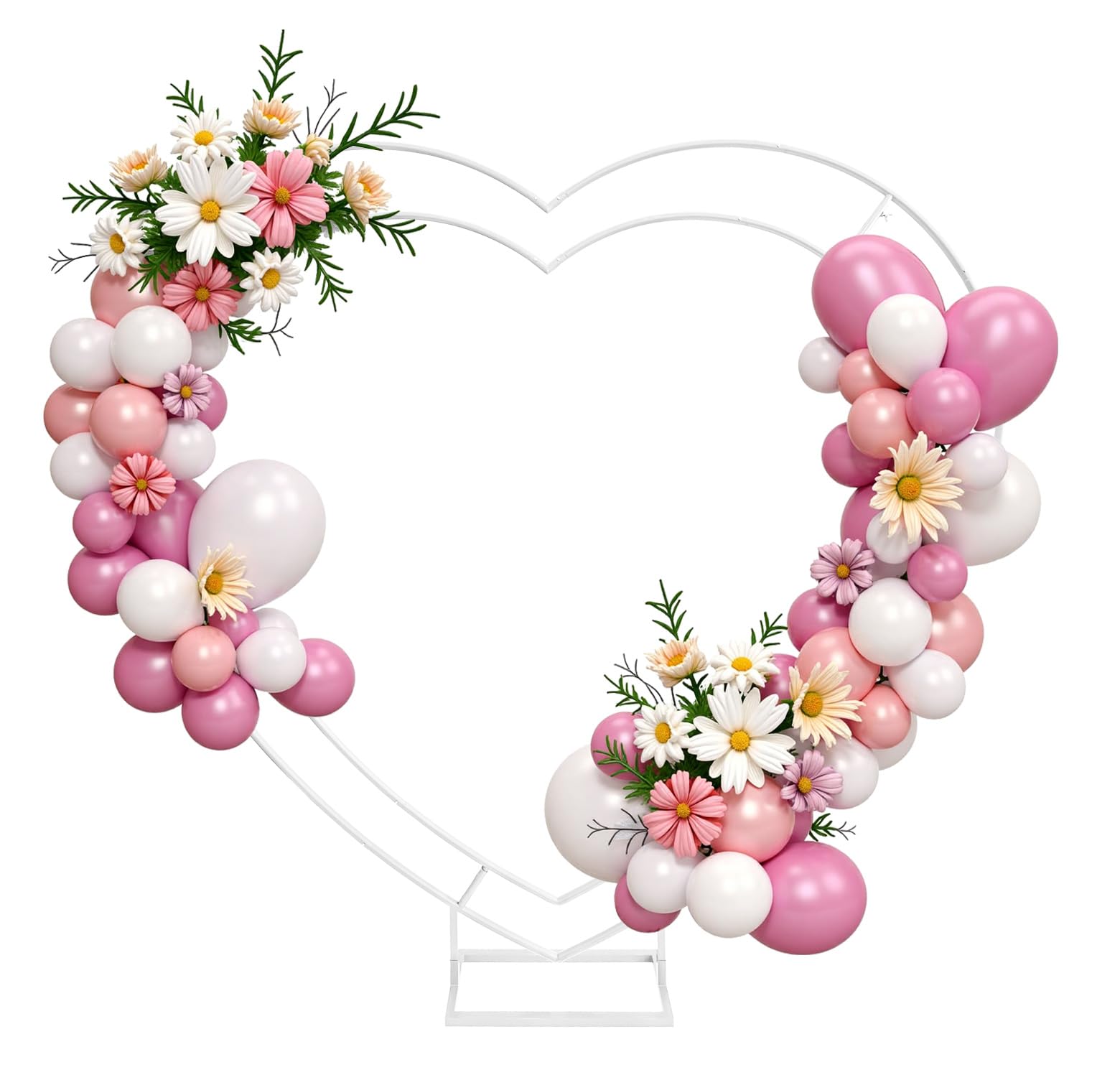 Doppelherzförmiger Hochzeitshintergrund aus Metall, weiße Blume, Ballon-Lauben, Ständer für Zeremonie, Geburtstag, Party, Abschlussfeier und Babyparty