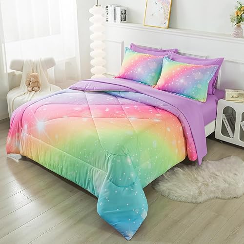 Miniatura 2 de ADASMILE A & S Juego de edredón de arco iris tamaño individual para niñas, 5 piezas, teñido anudado, juego de ropa de cama de arcoíris en una bolsa