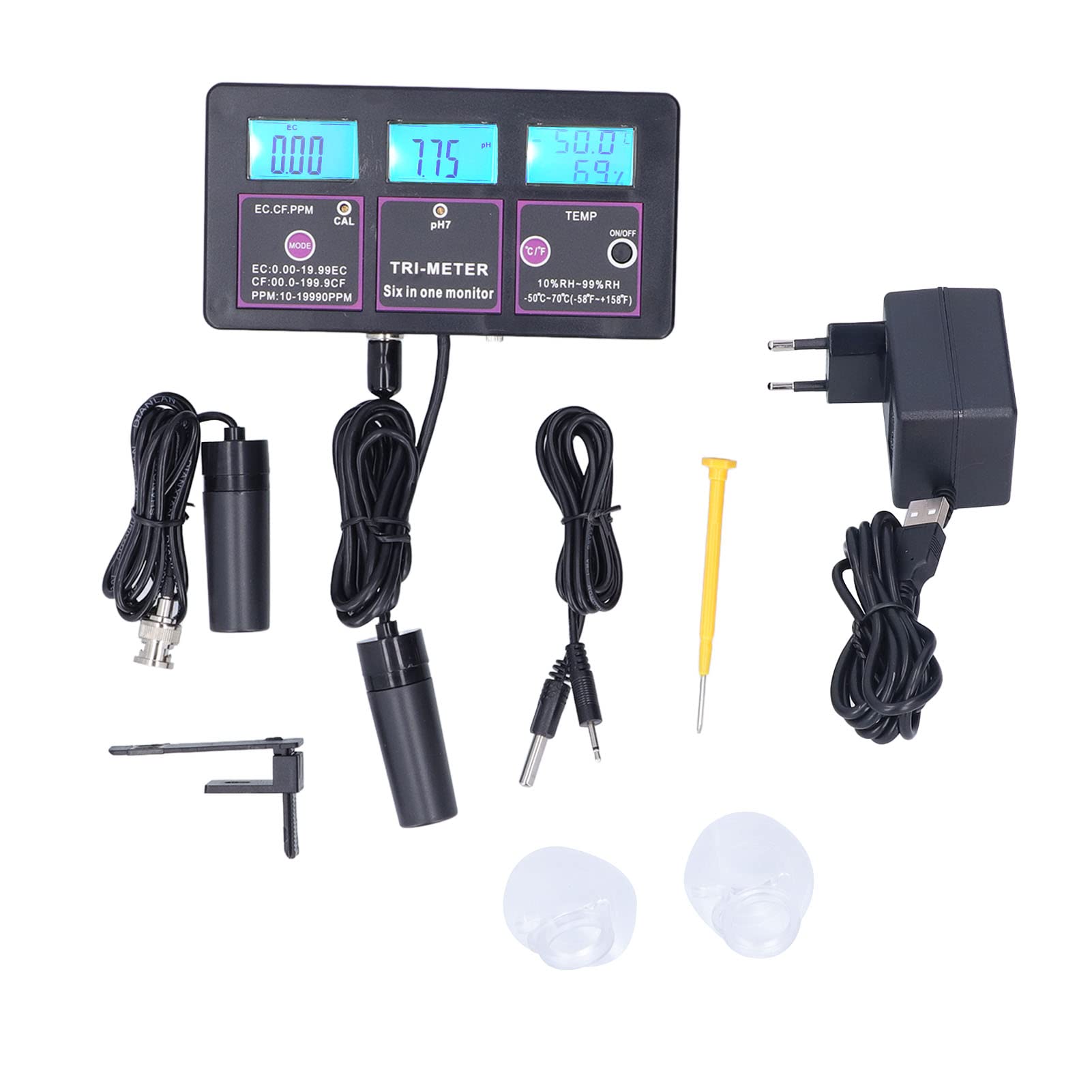 Alvinlite Misuratore di qualità dell'Acqua, Tester Multifunzionale della qualità dell'Acqua 6 in 1 PH Temp EC CF RH Misuratore TDS per la Coltura idroponica dell'acquario(230V)