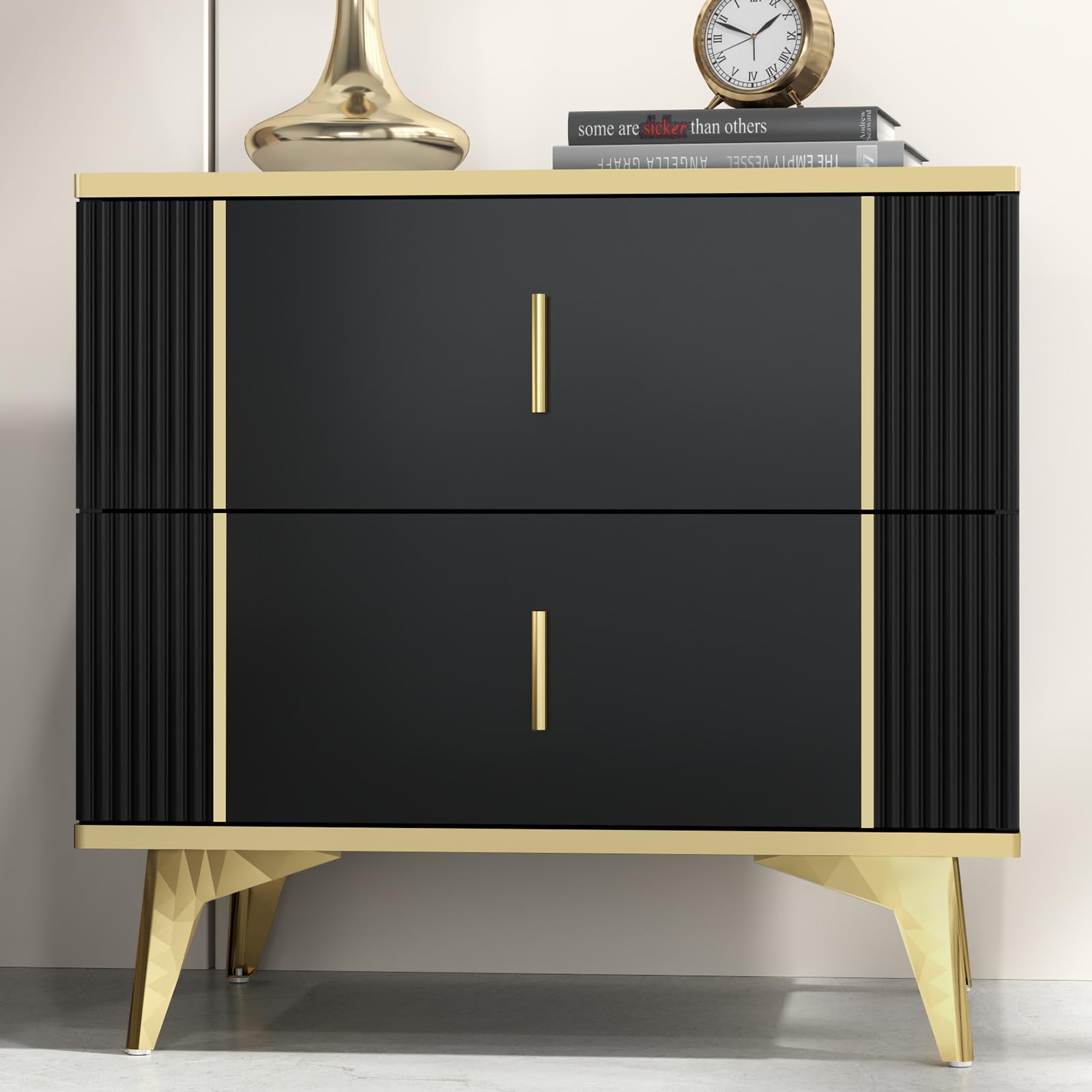sigoryi Black Gold Nightstand, Wood End Tables with 2 Drawers Bedroom Bedside Table Storage Side Table for Living Room, Easy Assembly, Striped 23.6" x 15.6" x 21.66" Inches