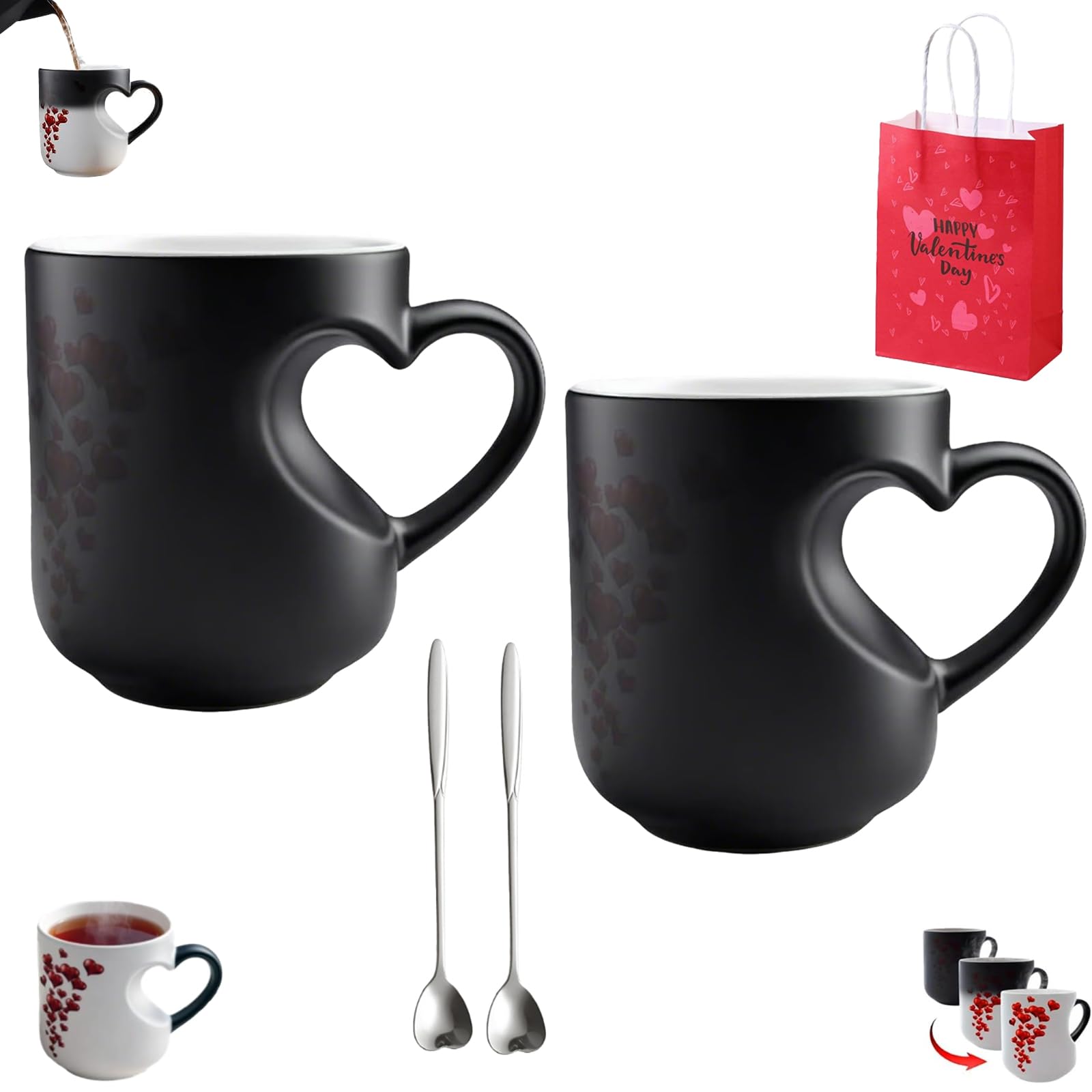 Heart-Shaped Color Changing Magic Ceramic Mug Funny Color Changing Coffee Cup with Handle That Reveals Surprise Design When Filled with Hot Beverage for Valentine's Day and Mother's Day (2pcs)