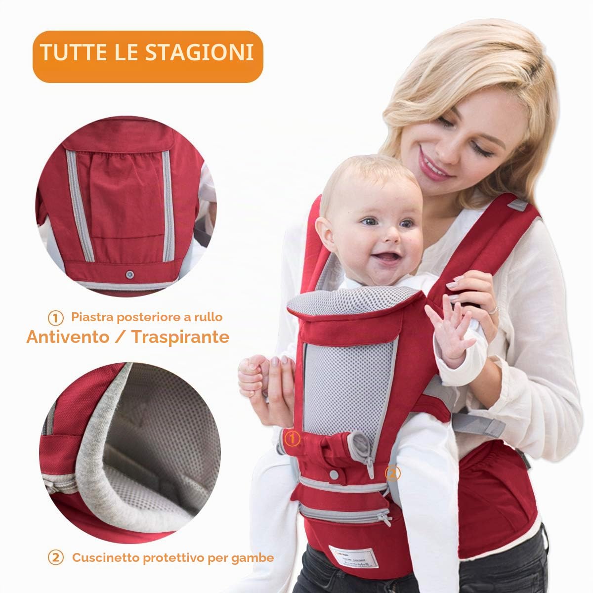 SONARIN 3 in 1 Multifunzione Hipseat Marsupio Baby Carrier,Porta bebè,Portantina per bebè,Anteriore e Posteriore,100% Cotone,Ergonomico(Rosso)