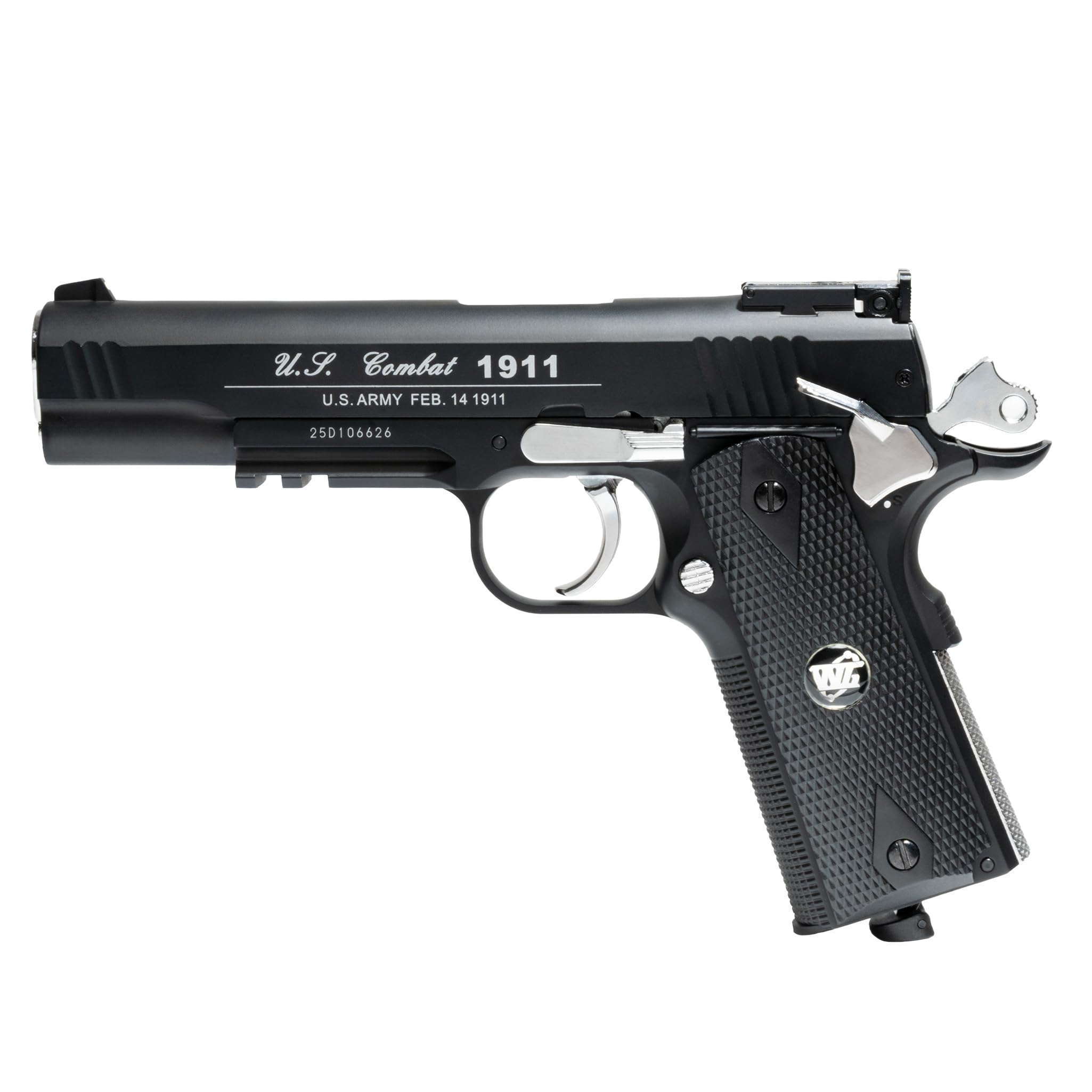 Pistola Softair WG Combat 1911 CO2 Full Metal, Pistola a Pallini Scarrellante con 10 Bombolette CO2, 1000 Pallini 6mm, Pistole Softair, Airsoft, colore nero