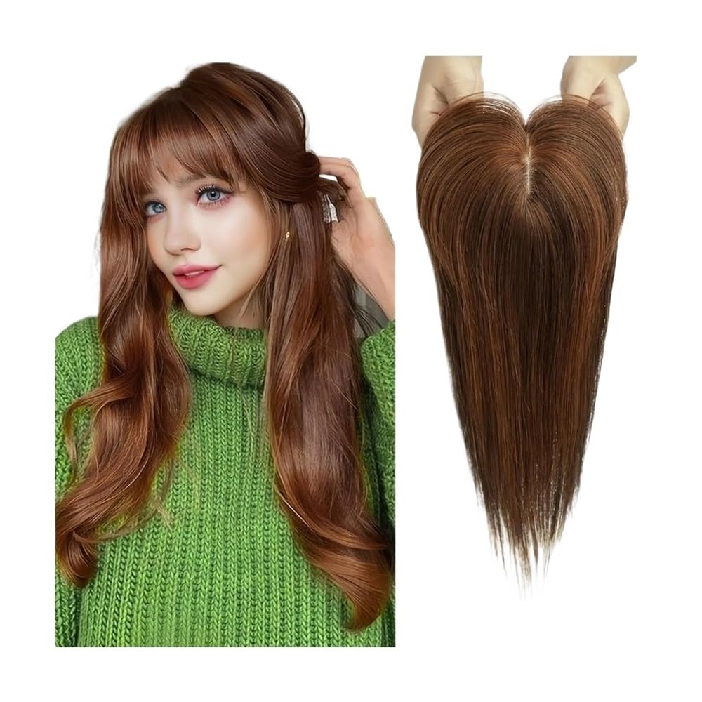 Parrucche Toppers for capelli umani con frangia for estensioni dei capelli | Clip base in seta da 4"x5,5" in pezzi di capelli Estensioni for capelli lisci da 14 pollici(Chocolate Brown)