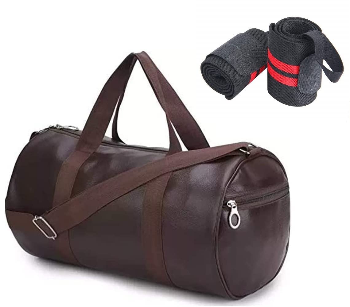 Combo Pack of PU-Leather Gym Bag Gym Duffel Bag with Shoulder Strap for Men & Women with Wrist Support Band-Wrist Straps for Daily Exercise (Red)-image-8