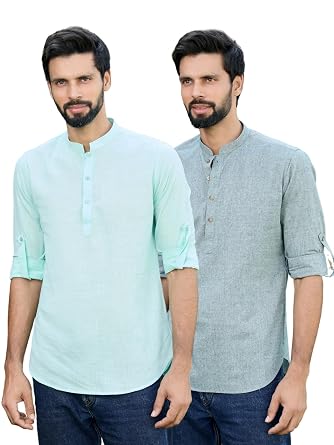 See Designs Men's Roll-Up Sleeve Mandarin Collar Deluxe Cotton Solid Short Kurta (Pack of 2) - Festive Collection
