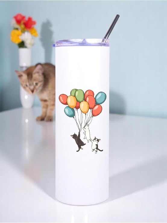 Balonlu Kedi Baskılı Pipetli Çelik Termos 600 ml Beyaz, LH2387964908123214123