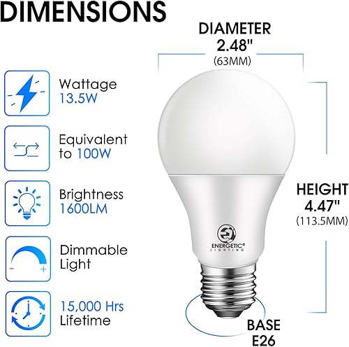 Miniatura 2 de Energetic Bombillas LED equivalentes a 100 W, color blanco natural 4000K A19 bombillas regulables, 13.5 W 1600 lm CRI80+, 15000 horas, certificación