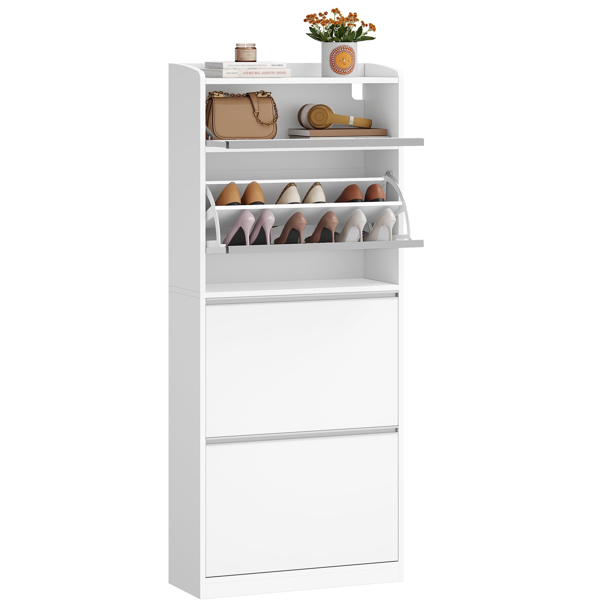 HEXCELEN Zapatero Estrecho con 3 Puertas Abatibles, Mueble para Zapatos con Compartimento Abatible, Separador Ajustable, para 12-18 Pares, para Pasillo, Entrada, 60 x 24 x 145 cm, Blanco