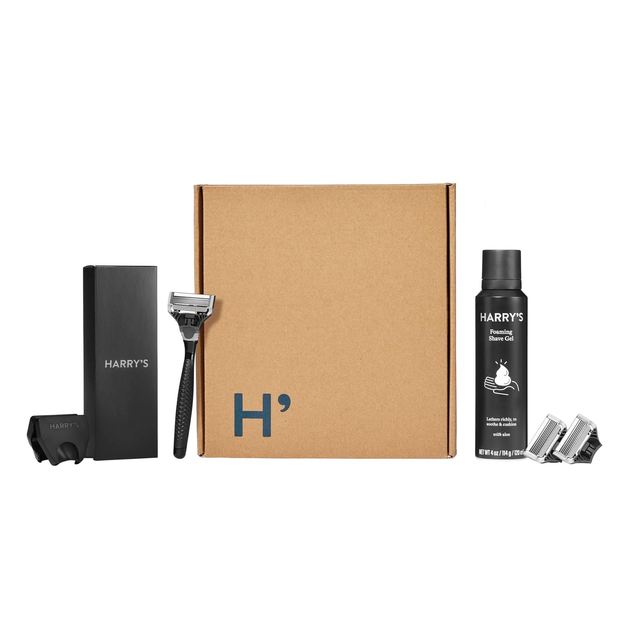 Harry's Original Shave Gift Set for Men - Black Metallic Handle + 3 Razor Blade Cartridges + Travel Blade Cover + 1 Foaming Shave Gel - German Engineered