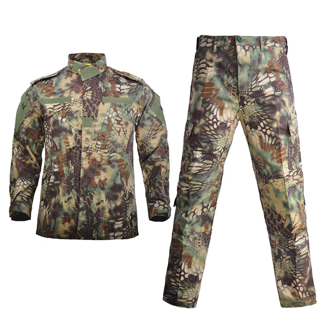 Suwequest Hombre Militar Uniforme Táctico Ropa Combate Camisa Camuflaje Militar Traje de Caza Abrigo+Pantalón Conjunto Verde Python L-(80-90kg)