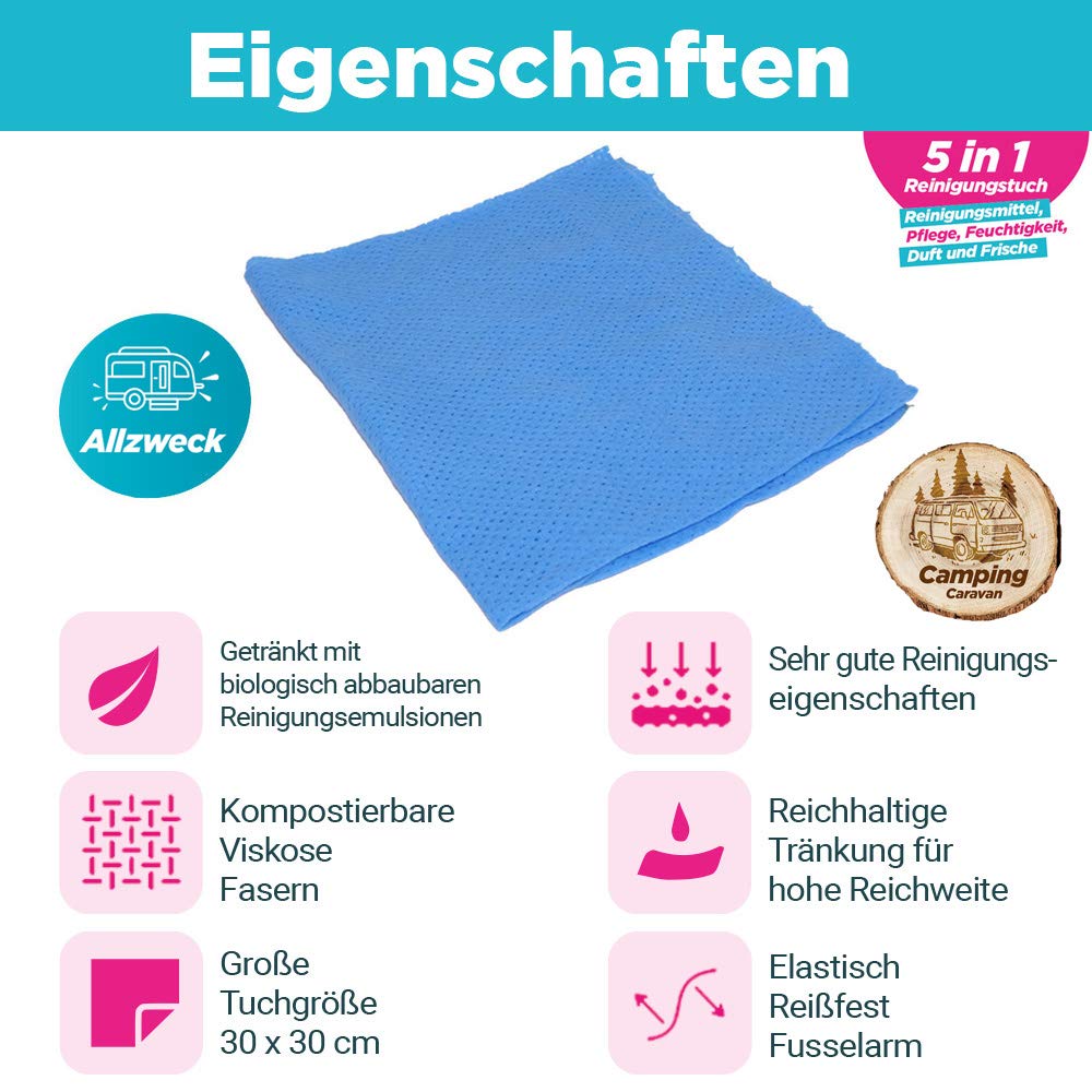CleaningBox® Starter-Set Feuchte 5-in-1 Reinigungstücher für Camping & Caravan, 3X 50er Spenderbox Reinigungstücher - Wohnmobil und Wohnwagen Zubehör - Biologisch Abbaubar und Made in Germany
