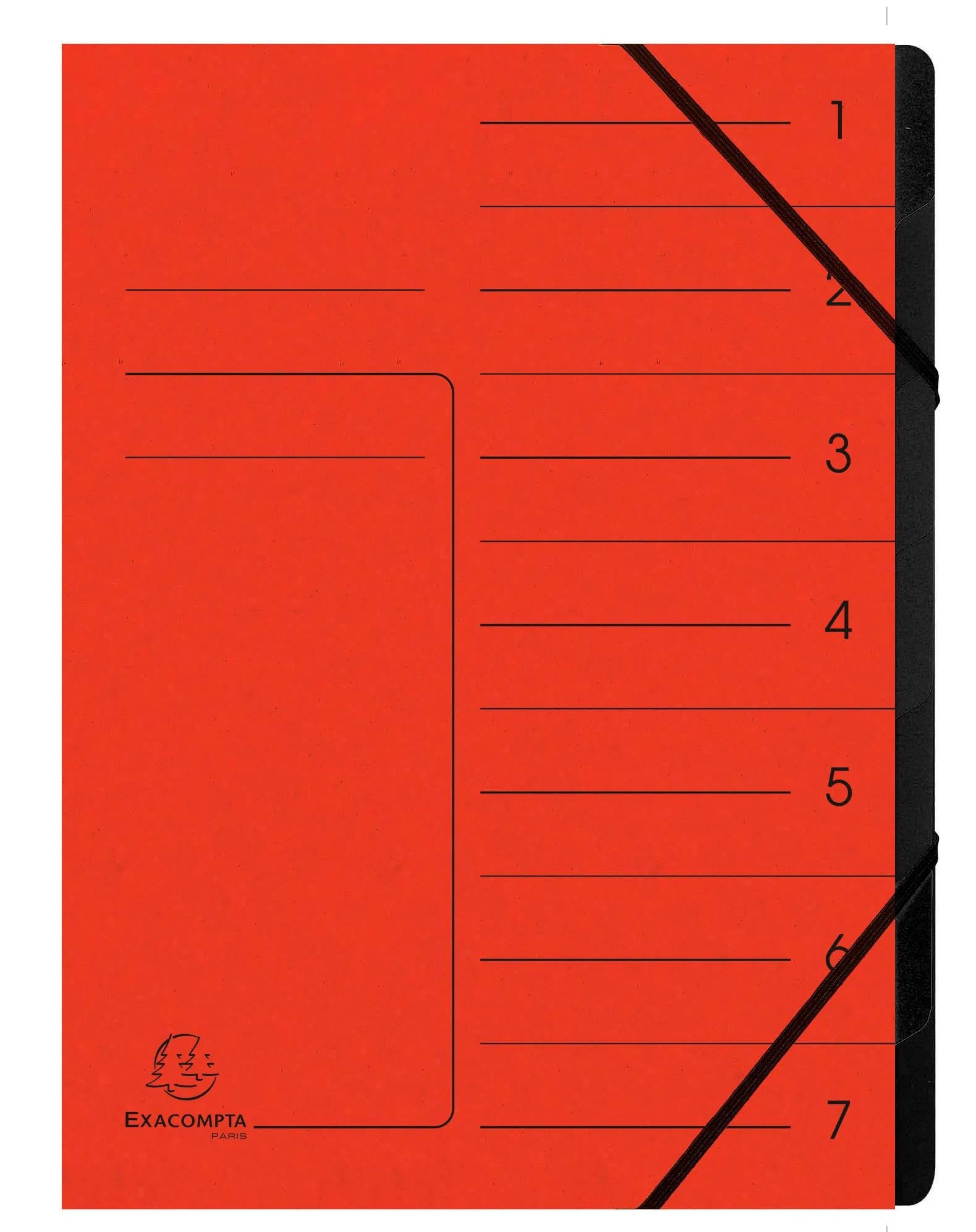 Exacompta - Ref 540705E - Box of 10 File folders with stapled Spine - with Elastic Bands - Glossy Card Printed Cover and Black Recycled Card Interior - 7 compartments - 24.5X 32cm - A4 - red