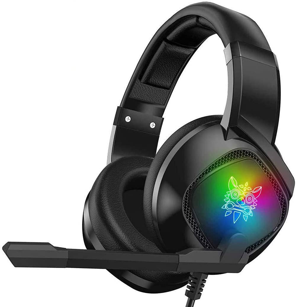 Onikuma K19 Gaming Headset Headphones with Microphone, PS4 PS5 Xbox Headset with Mic & RGB LED Light Noise Cancelling Surround Sound for Playstation Computer PC Mac Xbox One-Black