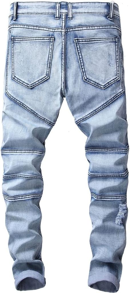 Distressed Ripped Jeans Pleated Motorcycle Pants Hole Men's Biker Denim Mens Elastic Slim