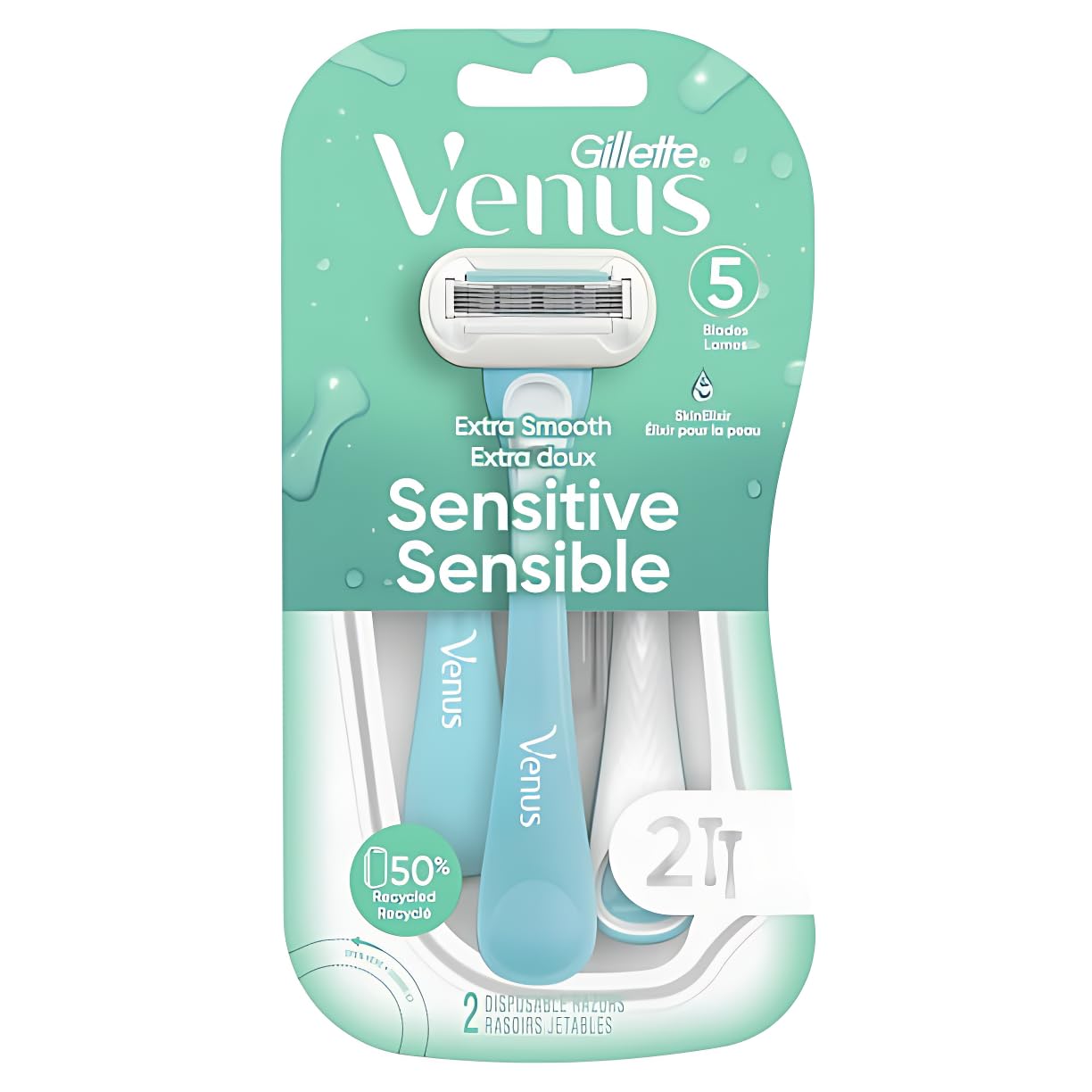 Extra Smooth Sensitive Women's 5 Blade Disposable Razor, 2 Count, Blue, GENTLY EFFECTIVE, SKIN PROTECTION, Smooth Glide To Every Stroke